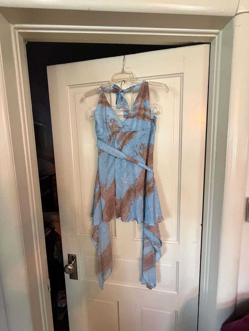 Dress U by Sharon Blue Brown Tie Dye Halter Asymmetric Drape Dress XL